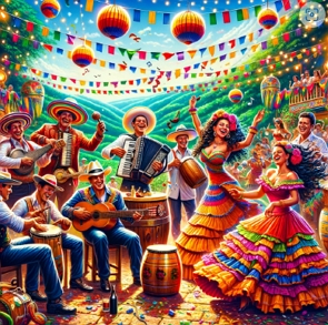 Ilustração mostrando a Cumbia, com pessoas alegres dançando e cantando
