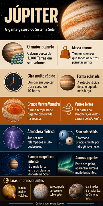 Infogr&aacute;fico com v&aacute;rias curiosidades sobre o Planeta J&uacute;piter
