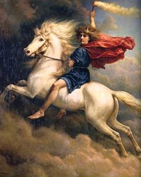 Pintura do deus nórdico Dag montado num cavalo branco