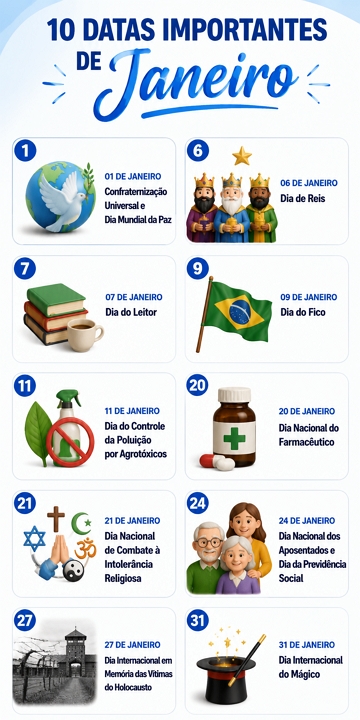 Imagem com as principais datas comemorativas do mês de Janeiro Imagem com as principais datas comemorativas do mês de Janeiro