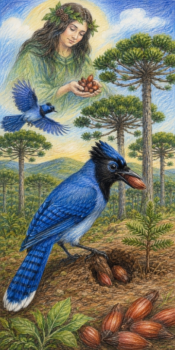 Ilustração sobre a lenda da Gralha-Azul Ilustração sobre a lenda da Gralha-Azul