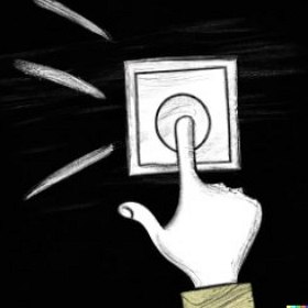 Desenho em preto e branco mostrando uma mão desligando o interruptor de uma luz