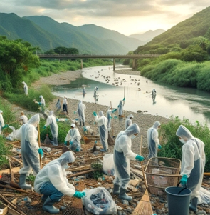 Ilustração mostrando pessoas despoluindo um rio