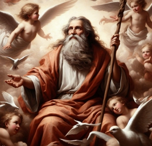 Ilustração mostrando Deus cercado por anjos