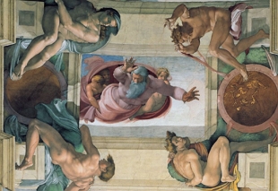 Pintura da Capela Sistina mostrando Deus separando a terra da água nos primeiros dias da criação do mundo.
