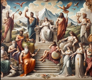 Pintura colorida representando os 14 deuses olímpicos da grécia