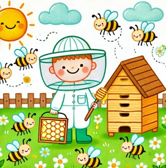 Dia da Apicultura Desenho em estilo infantil de um apicultor e abelhas