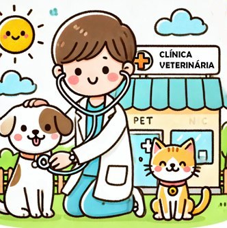 Desenho em estilo infantil mostrando um veterinário cuidando de um cachorro e de um gato.