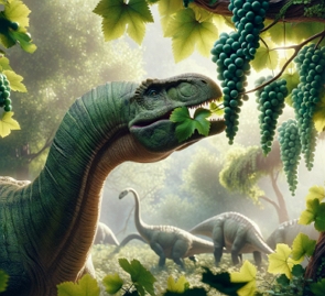 Ilustração de um dinossauro comendo folhas de uma parreira
