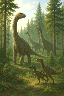 Dinossauros numa floresta de Coníferas durante o Período Jurássico Ilustração mostrando dinossauros numa floresta de Coníferas durante o Período Jurássico