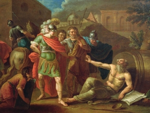 Pintura mostrando o filósofo Diógenes e Alexandre o grande