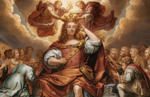 Ilustração representando o direito divino dos reis, defendido por Bossuet. Na imagem dois anjos colocam a coroa real num rei.