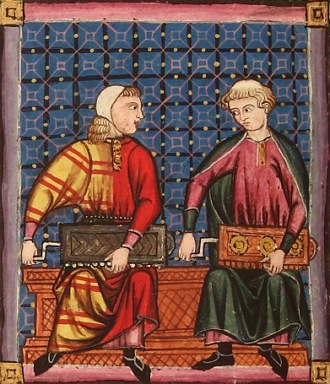 Pintura medieval mostrando dois trovadores com instrumentos musicais parecendo matracas