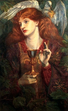 Pintura retratando uma mulher jovem segurando o cálice sagrado