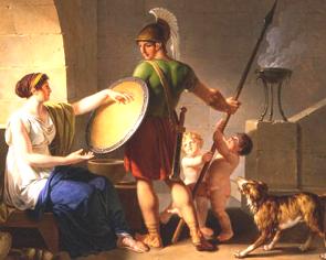 Pintura mostrando um jovem espartano com escudo e lança