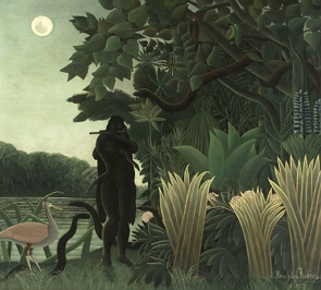 Pintura mostrando uma pessoa no escuro com serpentes envoltas no corpo. Ele está numa área com árvores.