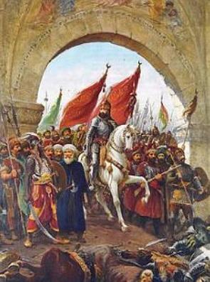 Maomé II e os turcos otomanos entrando em Constantinopla após a conquista