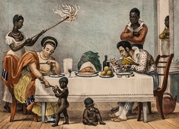 Pintura mostrando escravos servindo uma fam&iacute;lia