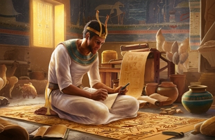 Ilustração de um escriba egípcio escrevendo num papiro