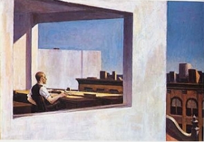 Pintura mostrando um homem num escritório com vista para a cidade