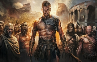Ilustração mostrando o gladiador Espártaco liderando uma revolta de escravos na Roma Antiga