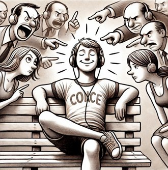 Desenho em formato de charge mostrando um jovem sentado num banco. Ele está ouvindo de fone de ouvidos, olhos fechados e não dando importância a opiniões e críticas de outras pessoas.