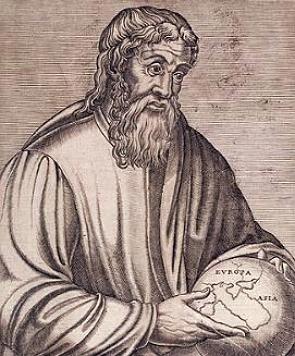 Retrato de do geógrafo grego Estrabão segurando um globo terrestre.