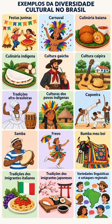 Ilustração mostrando 15 exemplos da diversidade cultural no Brasil Ilustração mostrando 15 exemplos da diversidade cultural no Brasil
