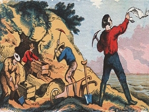 Pintura mostrando garimpeiros numa mina de ouro dos EUA