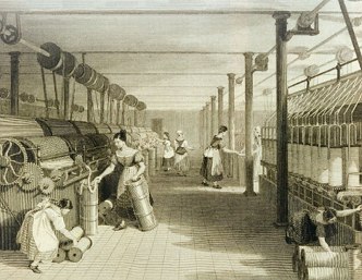Ilustração de uma fábrica de algodão inglesa da época da Revolução Industrial