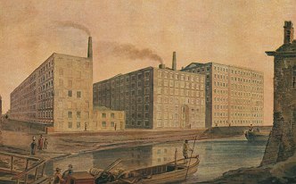 Pintura mostrando uma fábrica de algodão na cidade de Manchester em 1820