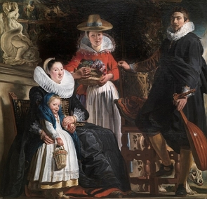 Pintura mostrando uma família com um homem, duas mulheres e uma menina