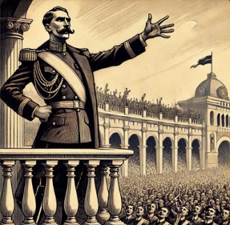 Ilustração mostrando um líder fascista fazendo um discurso para muitas pessoas