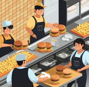 Ilustração mostrando o preparo de hamburgueres e batatas fritas