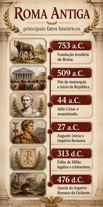 Infográfico com os principais fatos da história da Roma Antiga. Infográfico com os principais fatos da história da Roma Antiga.
