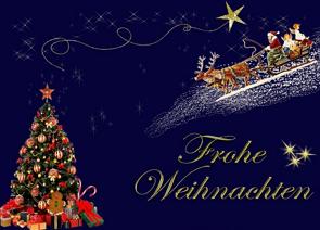 Frohe Weihnachten, Feliz Natal em Alemão, árvore de natal e papai noel na carroagem