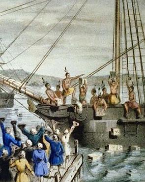 Pintura mostrando colonos jogando o carregamento de chá inglês no mar.
