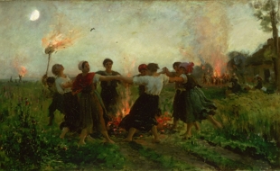 Pintura mostrando pessoas dançando em círculo em volta de fogueira