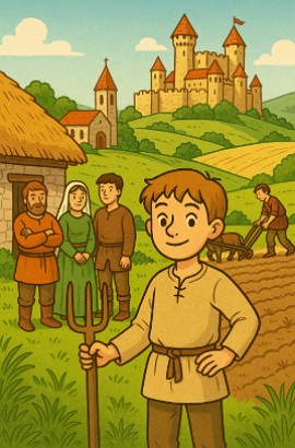 Feudalismo Ilustração de um menino com sua família perto de uma vila medieval e um castelo