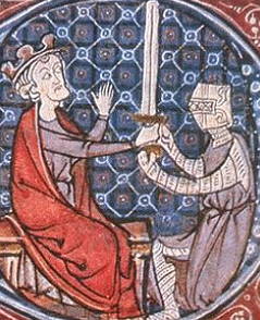 Rei Silvestre I fazendo uma cerimônia de homenagem com um cavaleiro