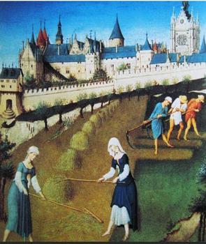 Pintura medieval mostrando servos trabalhando, castelo e igreja medieval