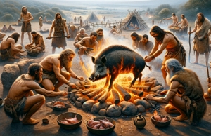 Grupo de homens pré-históricos assando um javali no fogo
