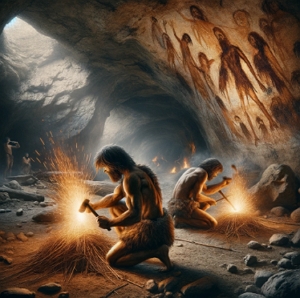 Ilustração mostrando dois homens pré-históricos fazendo fogo numa caverna