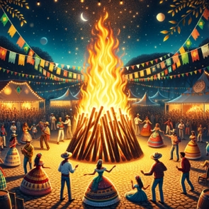 Ilustração mostrando uma grande fogueira de festa junina