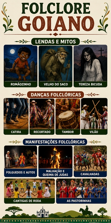 Infogr&aacute;fico com exemplos do folclore goiano