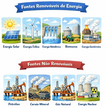 Ilustração com exemplos de fontes de energia renováveis e não renováveis Ilustração com exemplos de fontes de energia renováveis e não renováveis