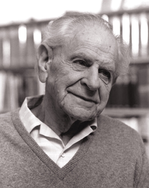 Foto do filósofo Karl Popper, homem idoso de cabelos brancos