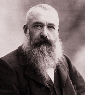 Retrato de Claude Monet em preto e branco, homem calvo de barba comprida branca.