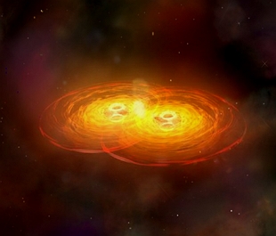 Representação artística de uma fusão entre dois buracos negros
