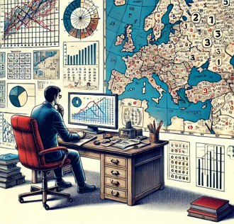 Imagem mostrando um geógrafo analisando mapas e dados estatísticos.